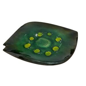 Vintage Bovano of Cheshire Enamel on Copper Dish Green Yellow MCM Trinket Tray